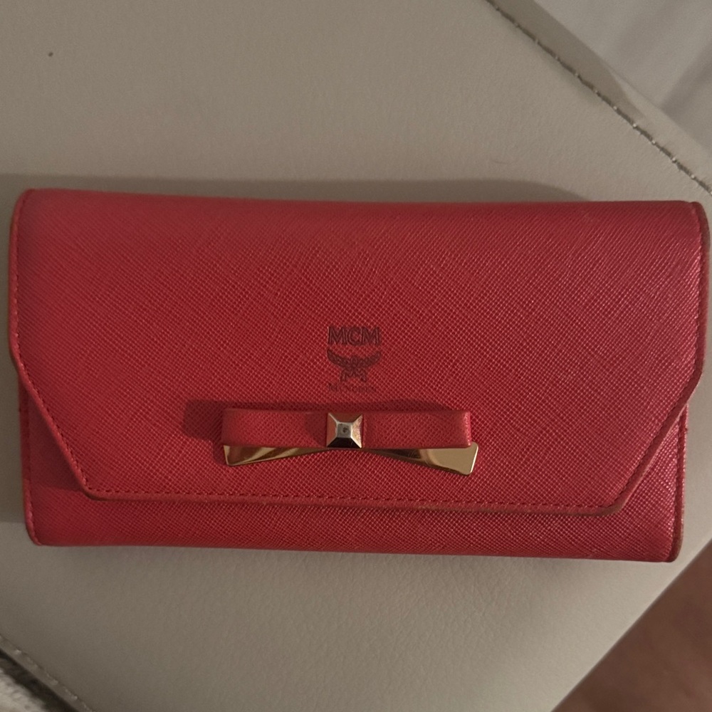 MCM Red Leather Wallet with Gold Bow Accent